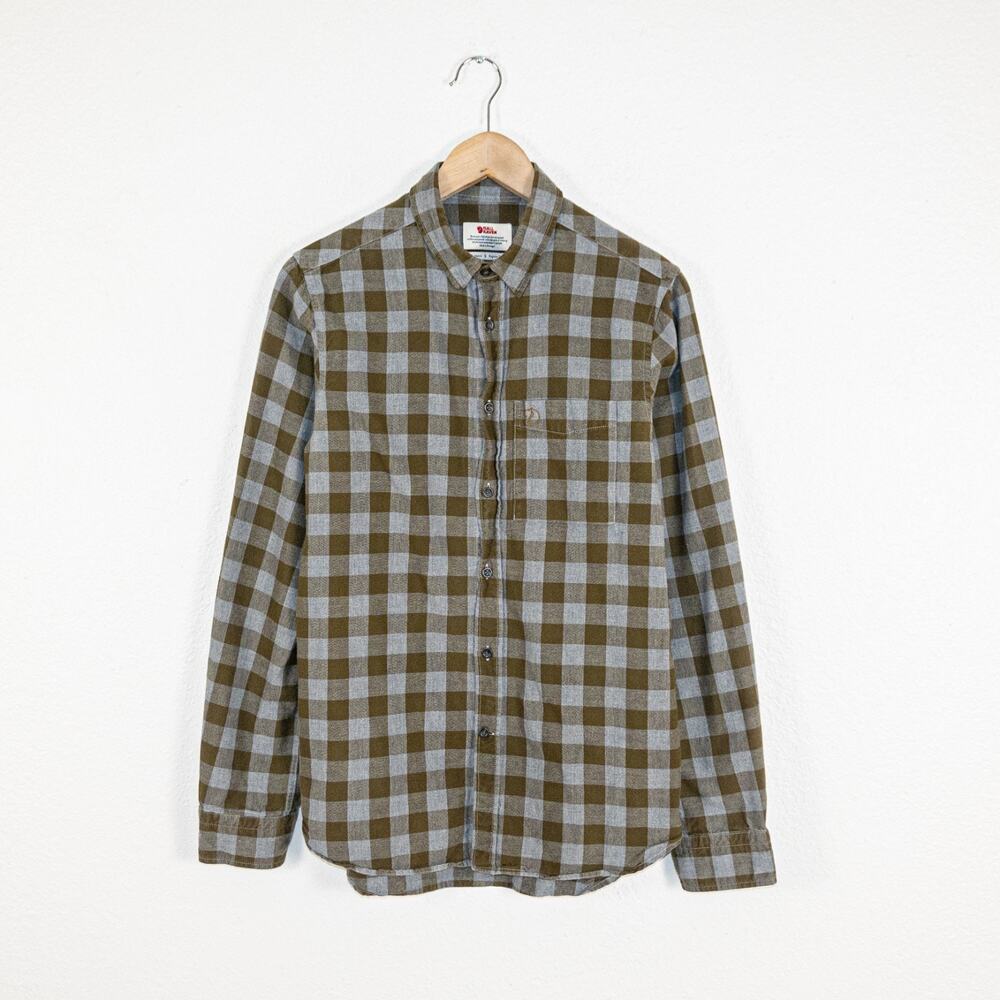 Fjallraven Men's Small Button up Shirt Olive Check Plaid Reg Fit